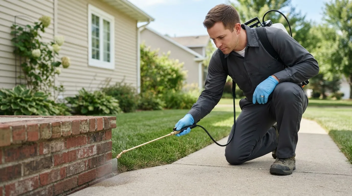 Pest control technician treating a home near Shacklefords, VA